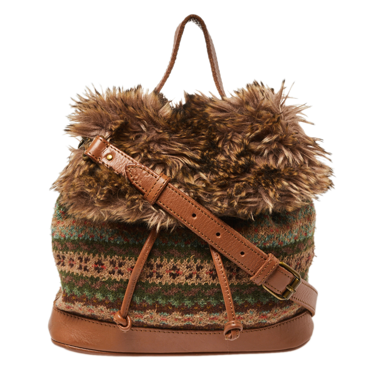 Ralph Lauren Multicolor Faux Fur Flap And Crochet Drawstring Bucket Bag