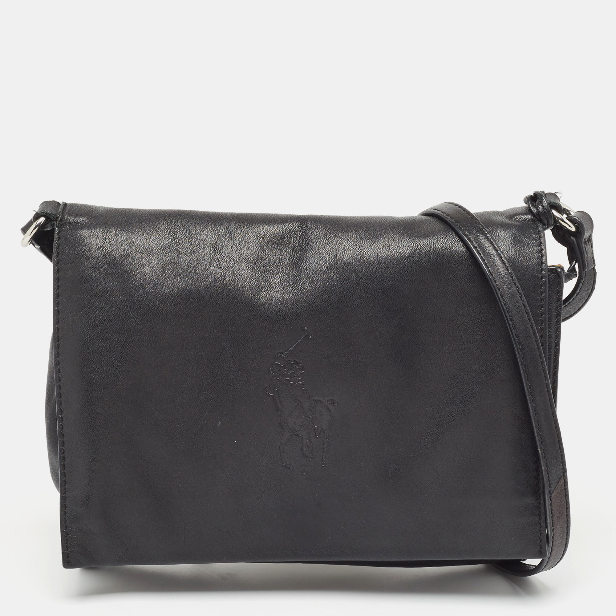 Ralph lauren black leather logo embossed flap messenger bag