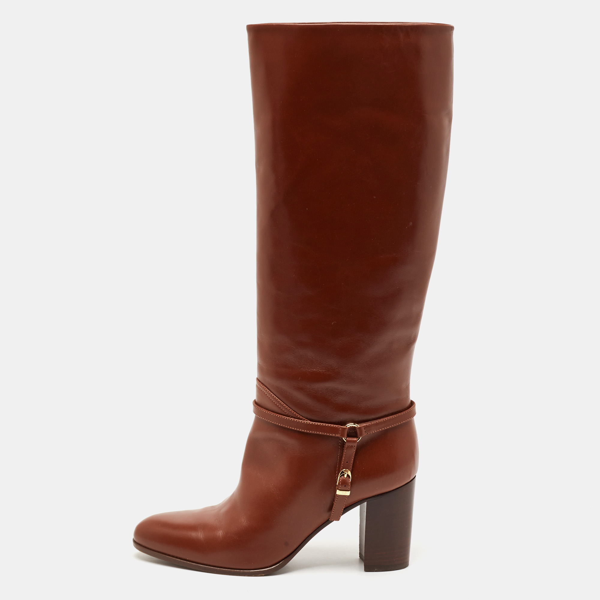 Ralph Lauren Collection Brown Leather Buckle Detail Knee Length Boots Size 39.5