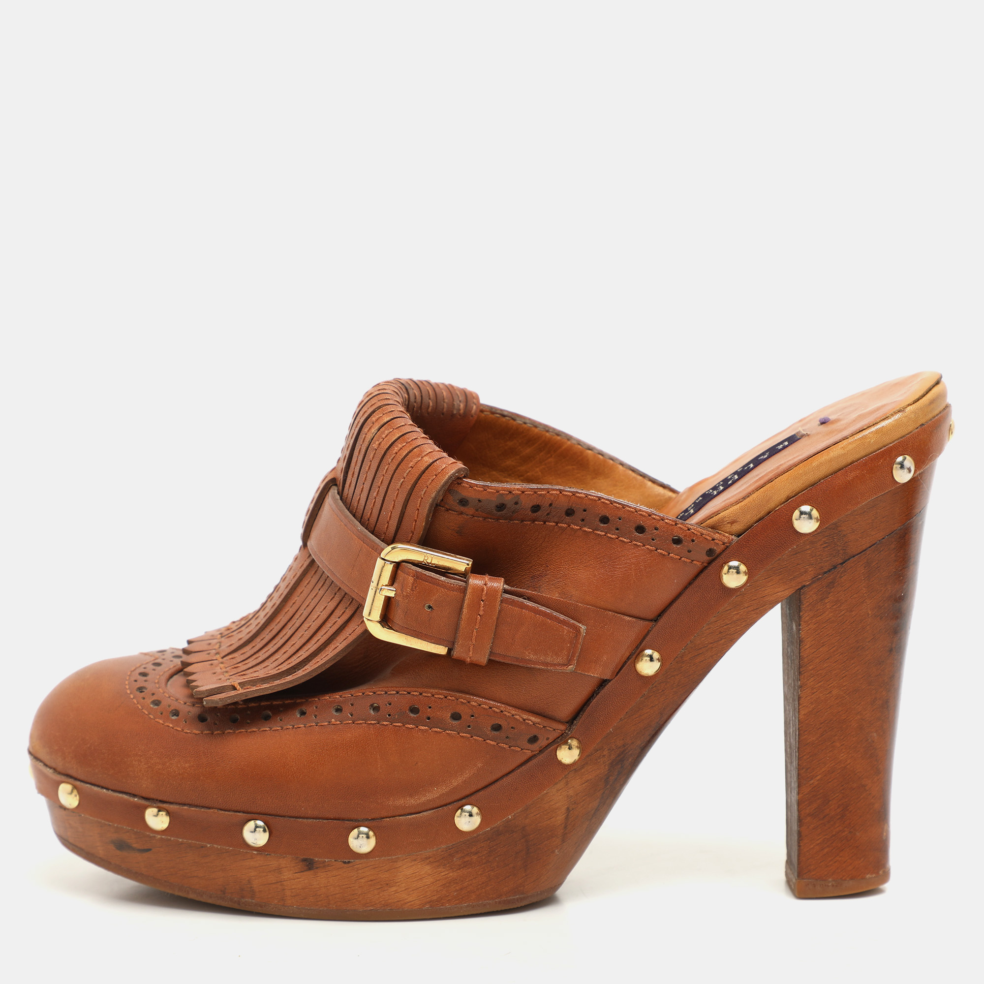 Ralph Lauren Brown Leather Fringe Detail Platform Clogs Size 37
Ralph Lauren Brown Leather Fringe Detail Platform Clogs Size 37