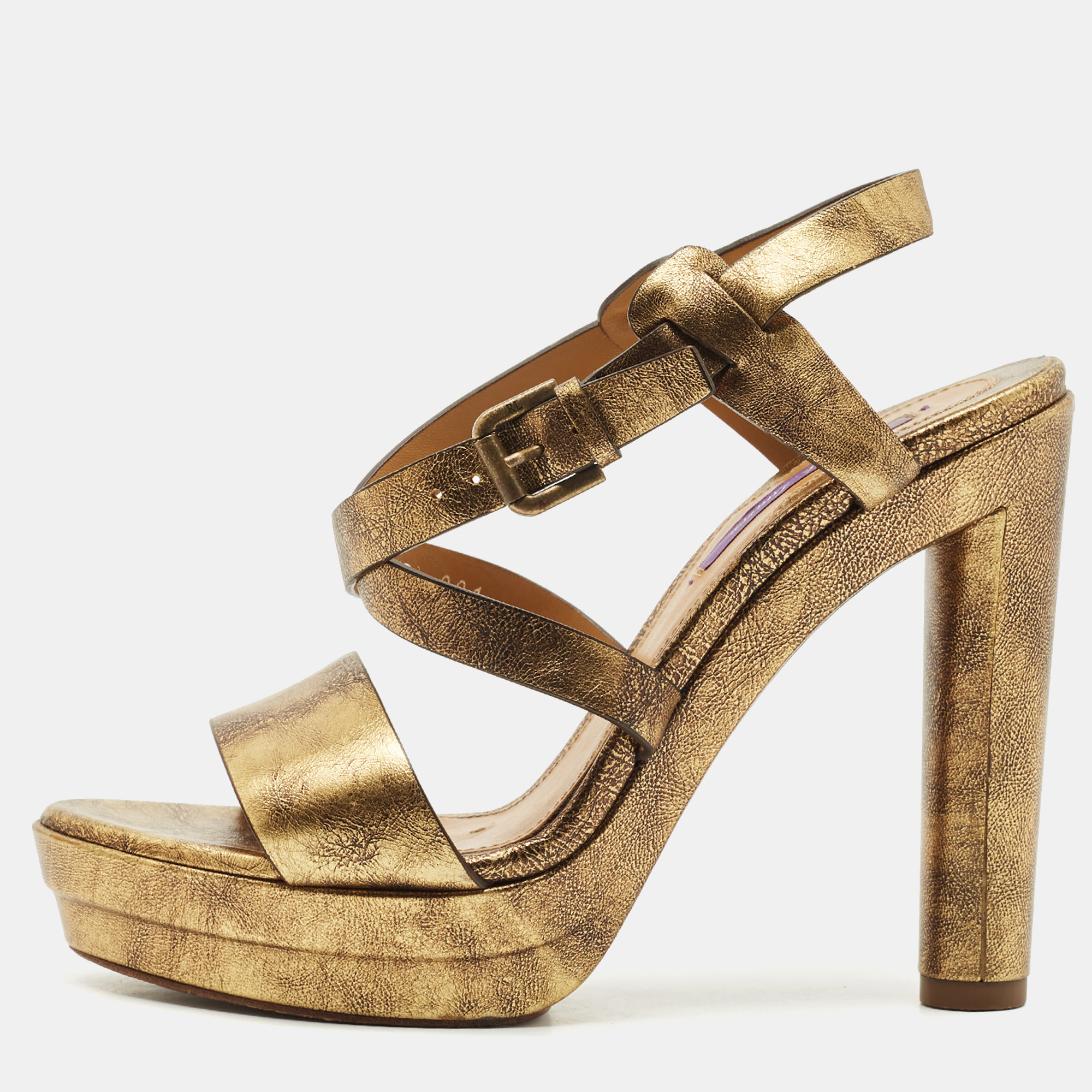 Ralph Lauren Metallic Gold Leather Estrid Platform Ankle Strap Sandals Size
Ralph Lauren Metallic Gold Leather Estrid Platform Ankle Strap Sandals Size