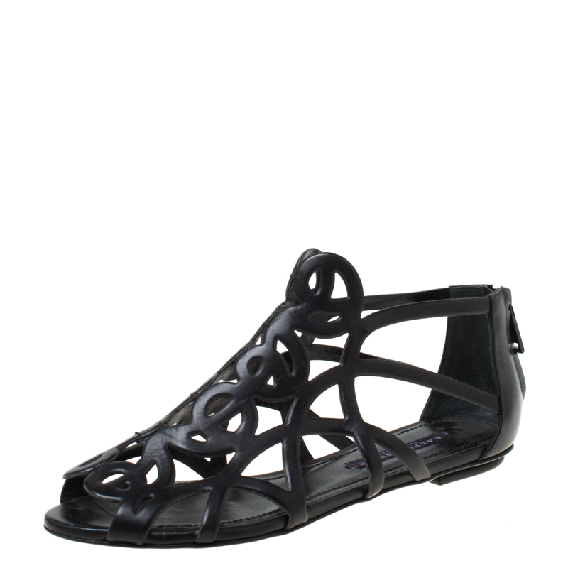 Image of Ralph Lauren Collection Black Leather Cut Our Flat Sandals Size