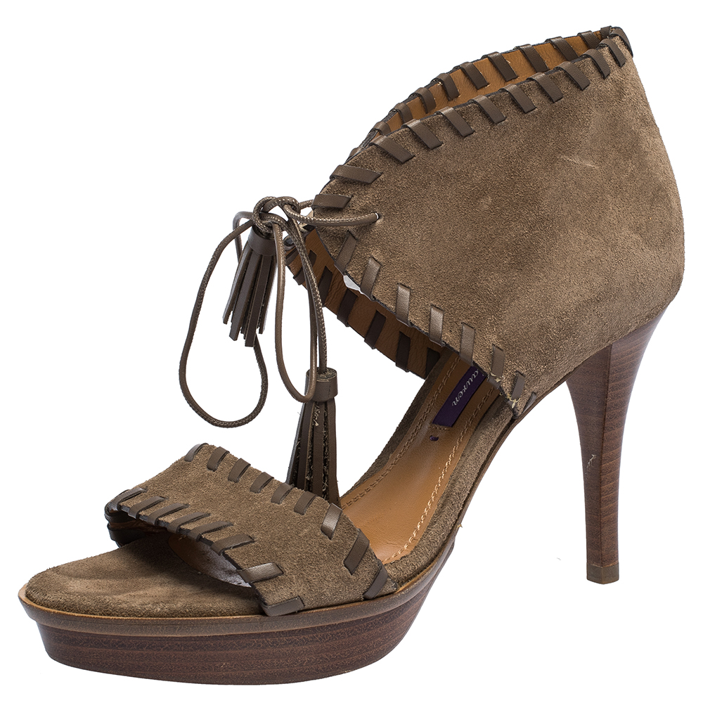 Image of Ralph Lauren Brown Suede Whipstitch Tassel Lace Ankle Wrap Platform Sandals Size