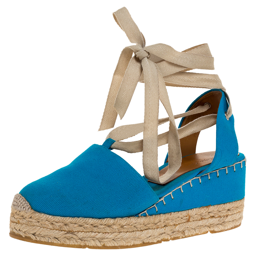 Image of Ralph Lauren Blue Canvas Uma Espadrille Wedge Ankle Wrap Platform Sandals Size