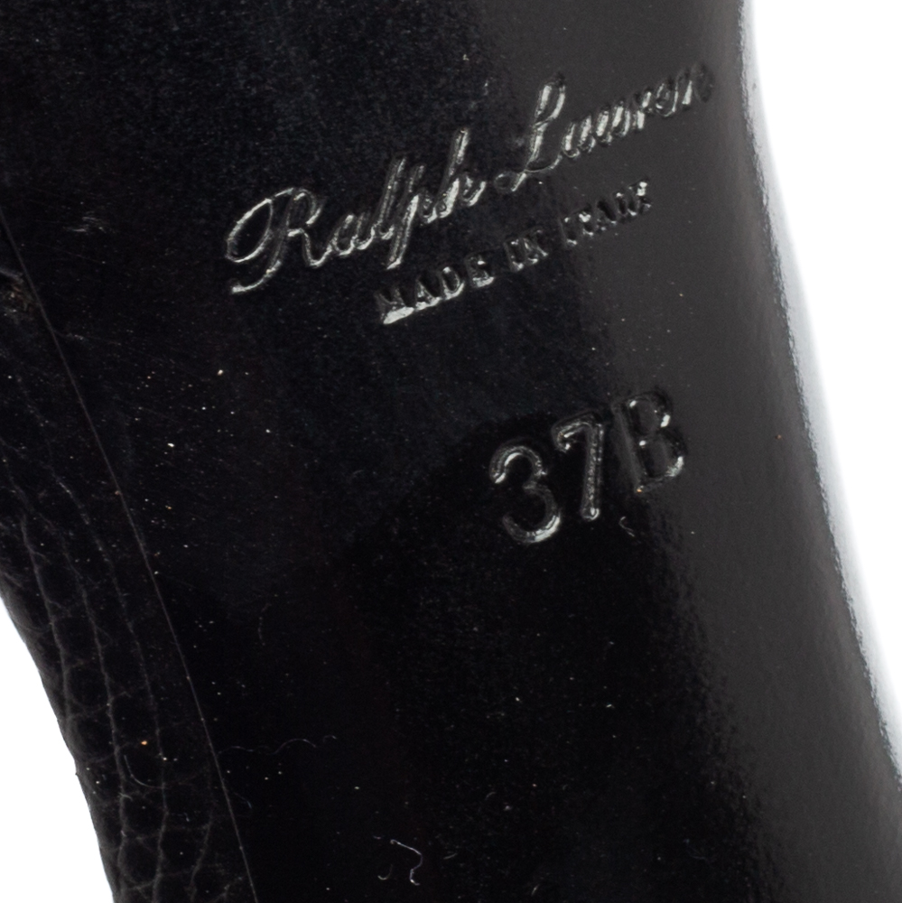 Ralph Lauren Black Lizard Embossed Leather Ankle Strap  Sandals Size 37