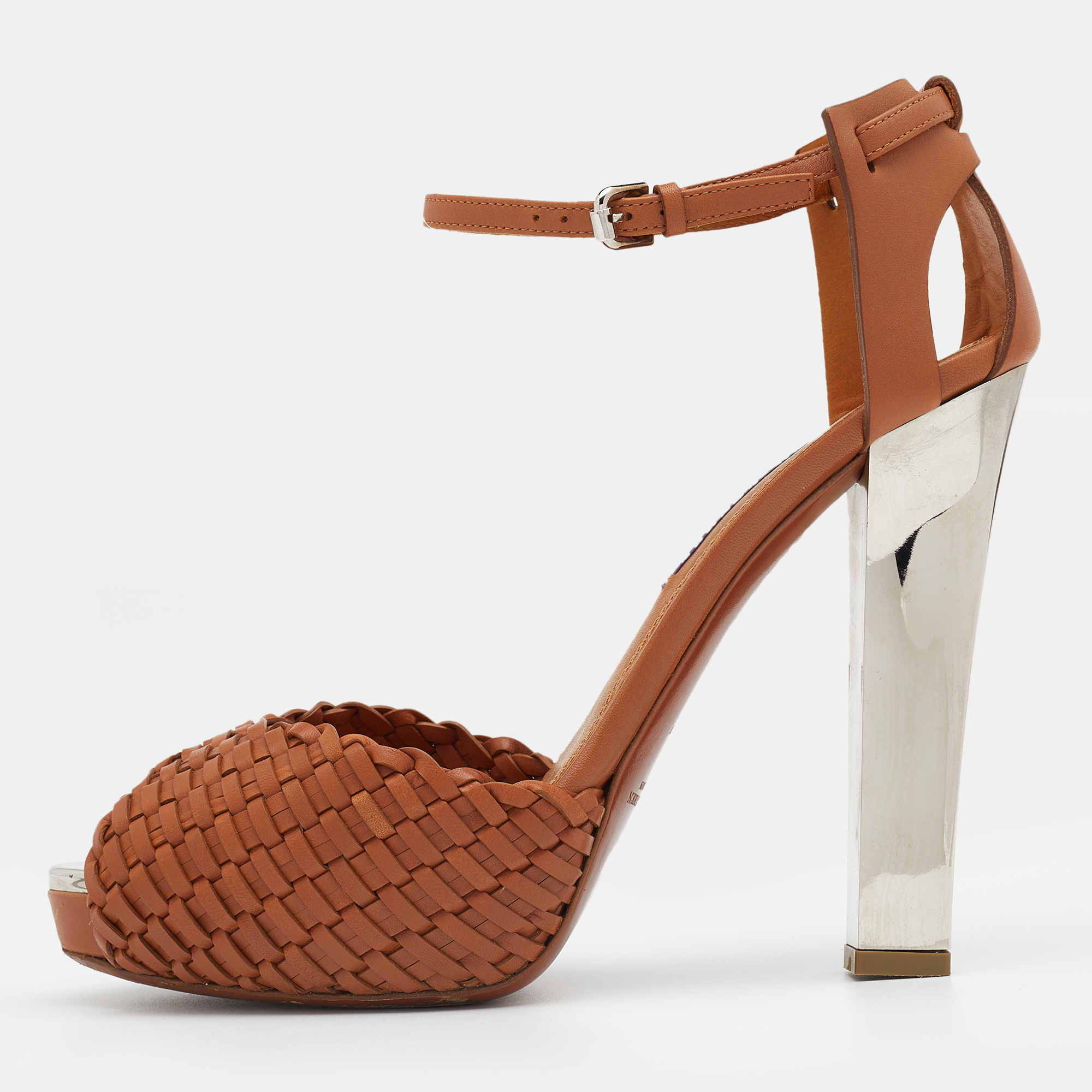 Ralph Lauren Brown Leather Platform Ankle Strap Sandals Size 39