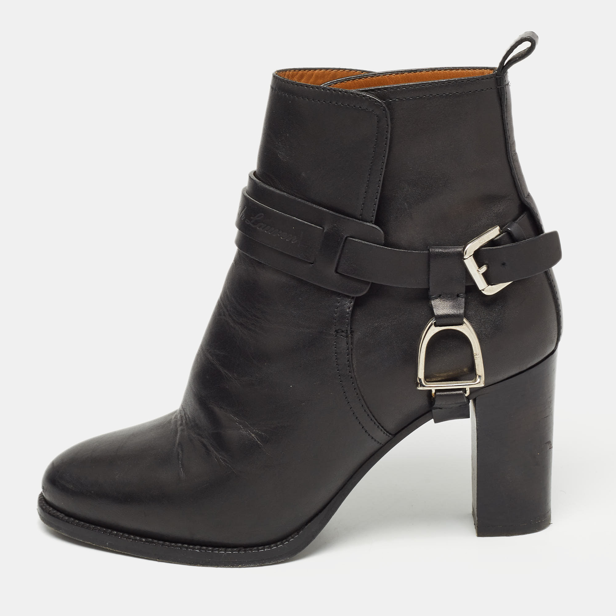 Ralph Lauren Black Leather Buckle Ankle Boots Size 37