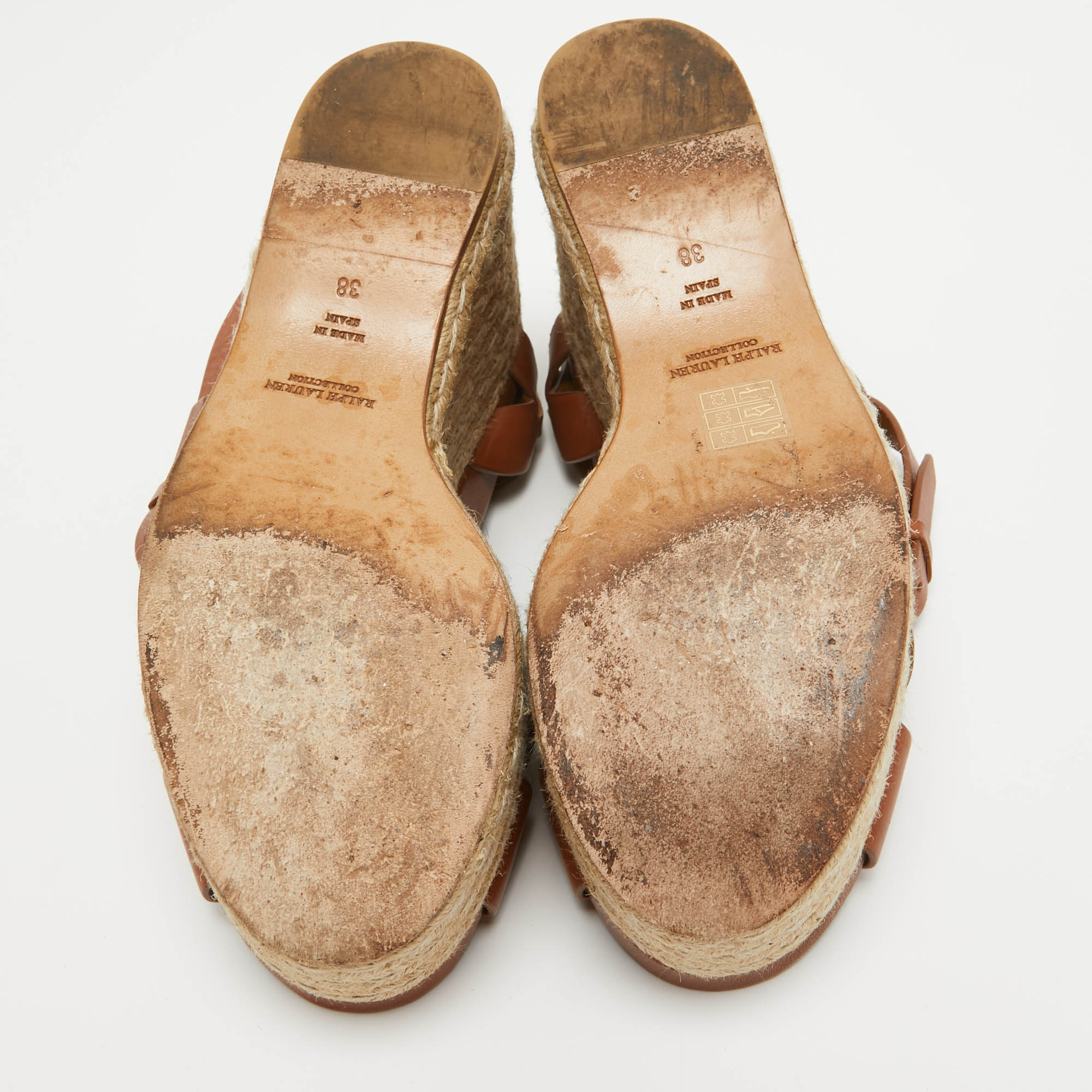 Ralph Lauren Brown Leather Espadrille Wedge Platform Ankle Strap Sandals Size 38