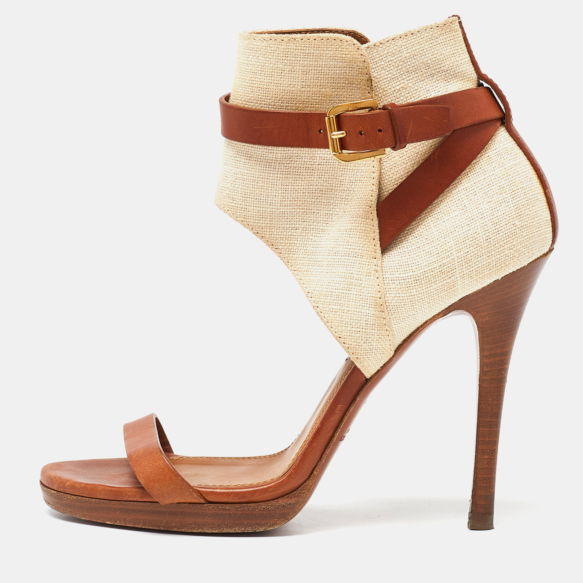 Ralph lauren collection beige/brown canvas and leather platform ankle strap sandals size 37.5
