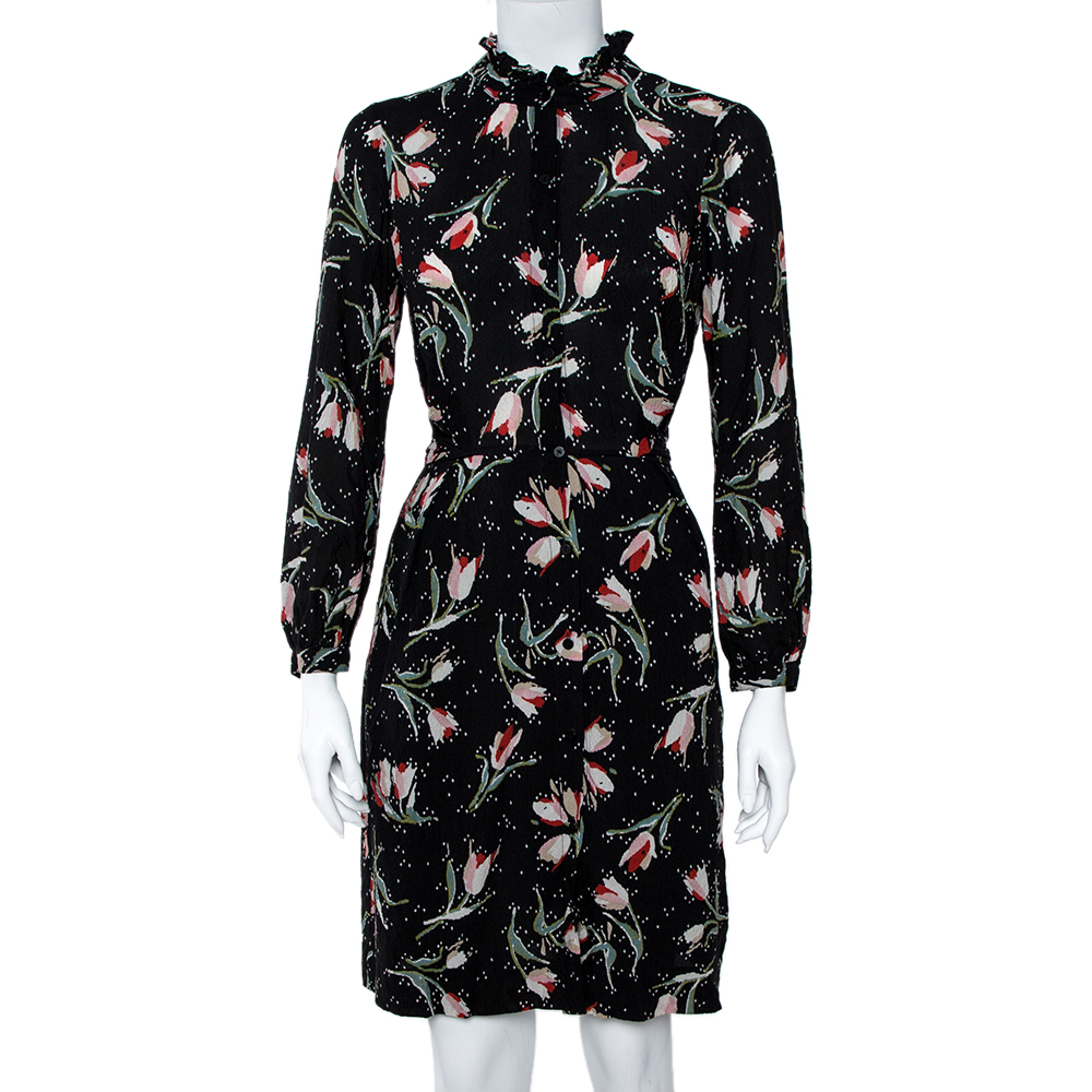 Image of Rebecca Taylor Black Ikat Tulip Print Silk Shirt Dress S