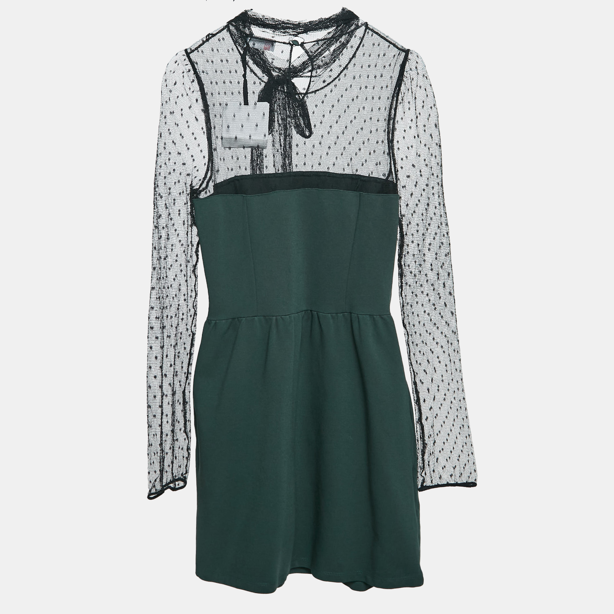 RED Valentino Green/Black Jersey And Lace High Neck Mini Dress L