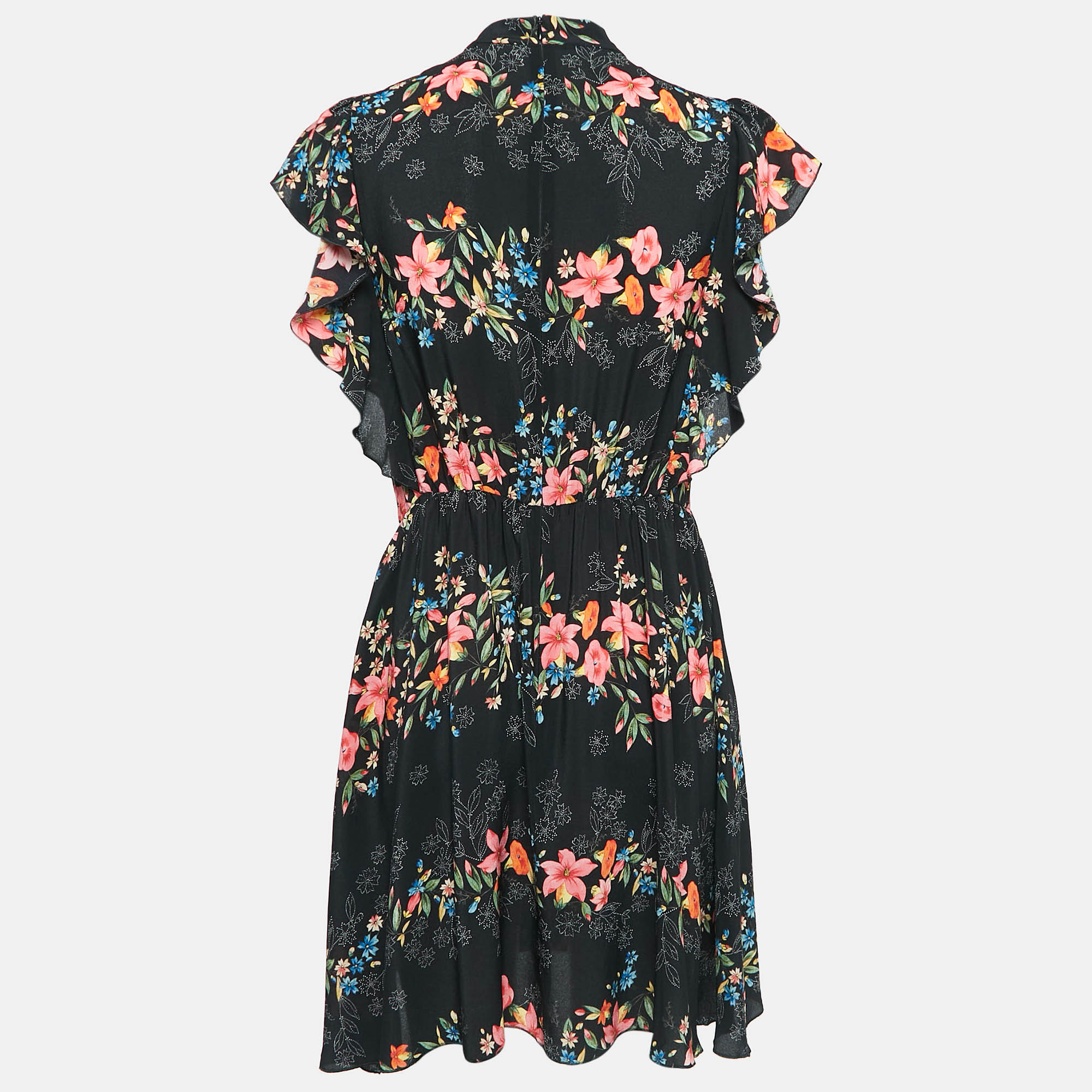 RED Valentino Black Floral Print Silk Ruffled Mini Dress M