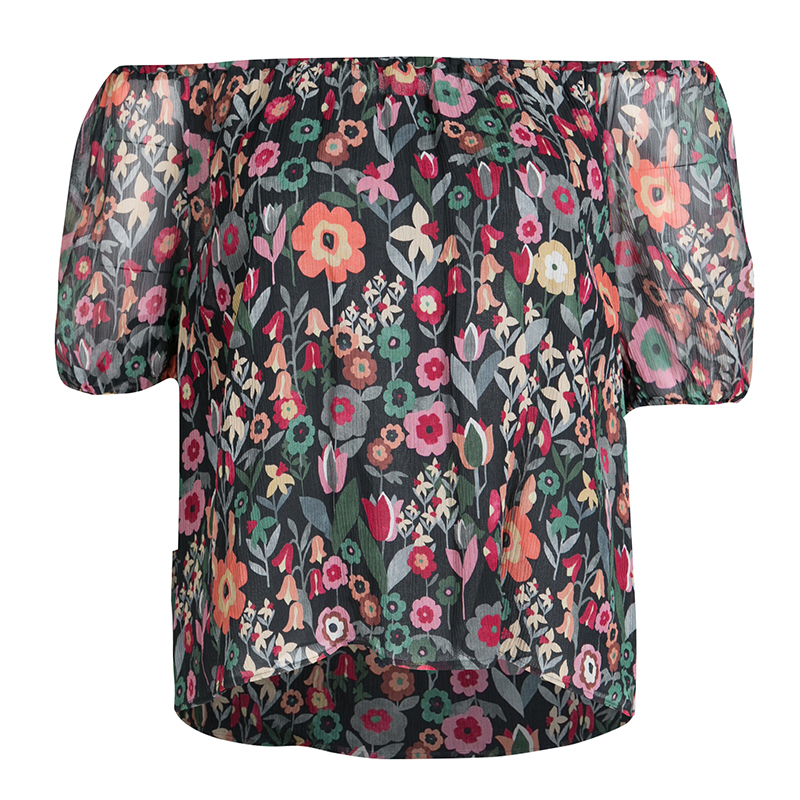 Image of RED Valentino Black Fancy Floral Print Silk Off Shoulder Top S