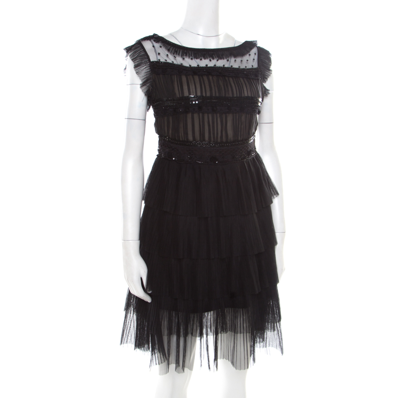 

RED Valentino Black Tulle Embellished Sheer Yoke Detail Plisse Tiered Dress