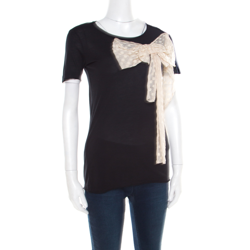 Red Valentino Black Jersey Contrast Bow Detail Raw Edged Top XS