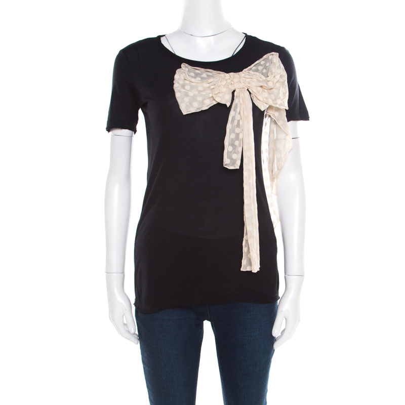 Red Valentino Black Jersey Contrast Bow Detail Raw Edged Top XS