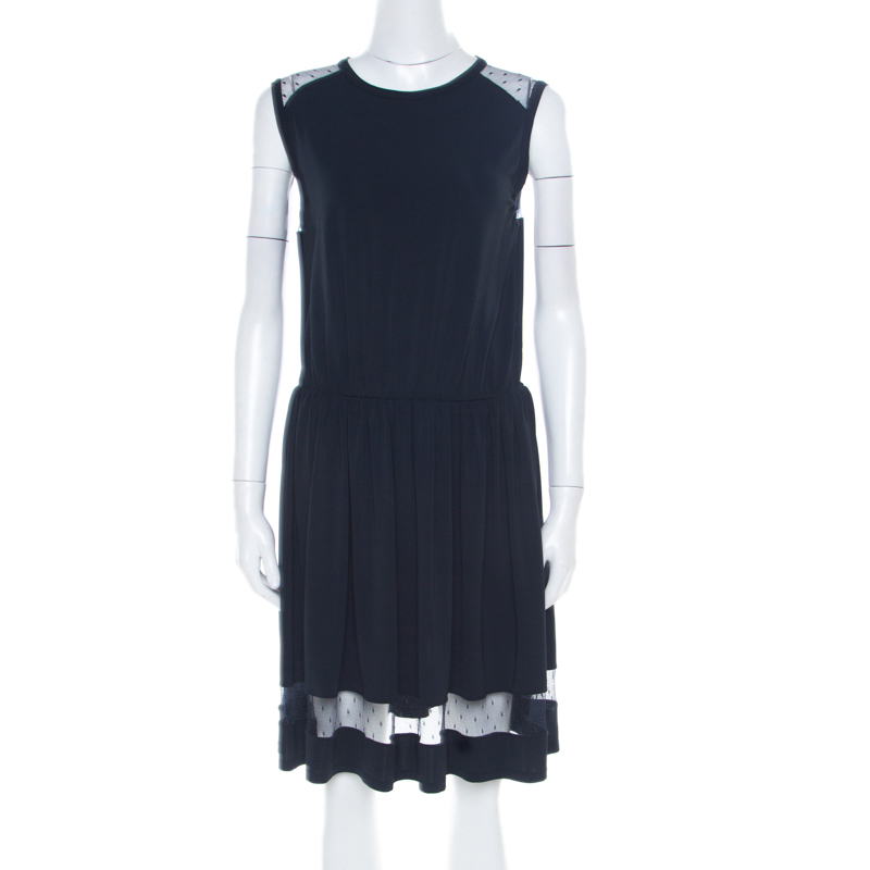 

RED Valentino Navy Blue Sheer Lace Panel Insert Sleeveless Sheath Dress