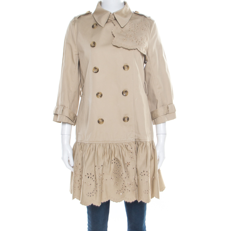 Red valentino beige cotton twill eyelet embroidered ruffled double breasted coat m