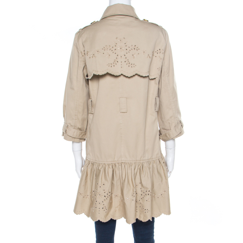 Red Valentino Beige Cotton Twill Eyelet Embroidered Ruffled Double Breasted Coat M