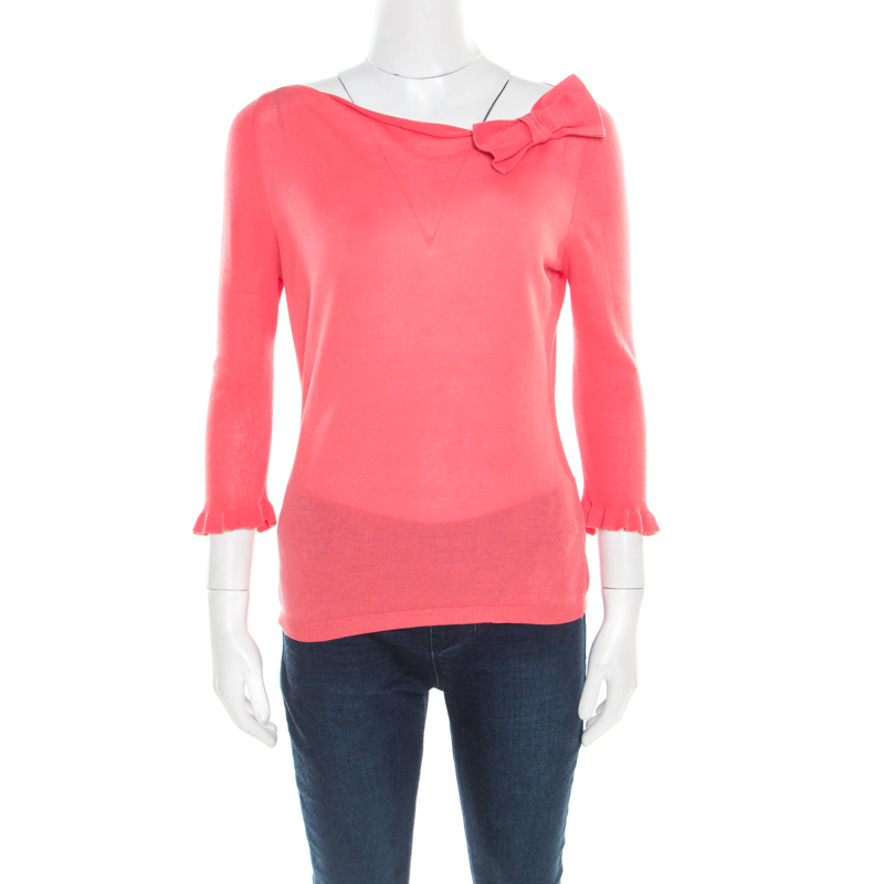 Image of RED Valentino Pink Knit Bow Detail Long Sleeve Top M