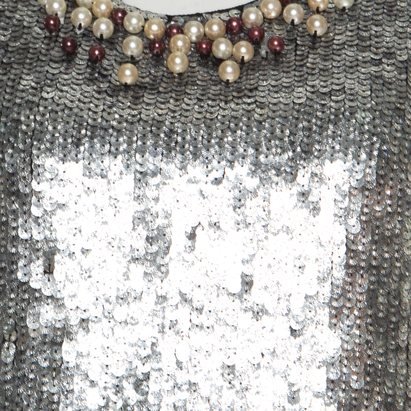 Red Valentino Silver Sequined Pearl Embellished Sleeveless Mini Shift Dress S