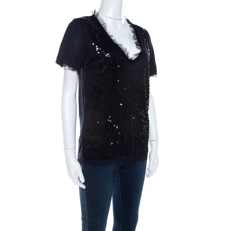 RED Valentino Black Knit Sequined Lace Trim V Neck Top S