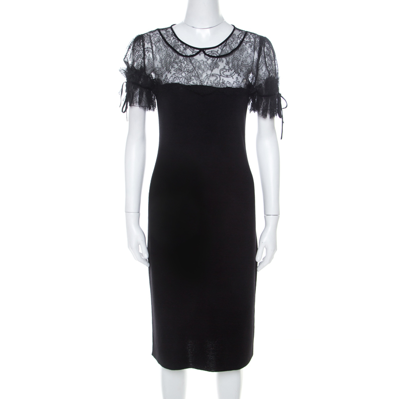 Image of RED Valentino Black Wool Jersey Floral Lace Trim Midi Dress S