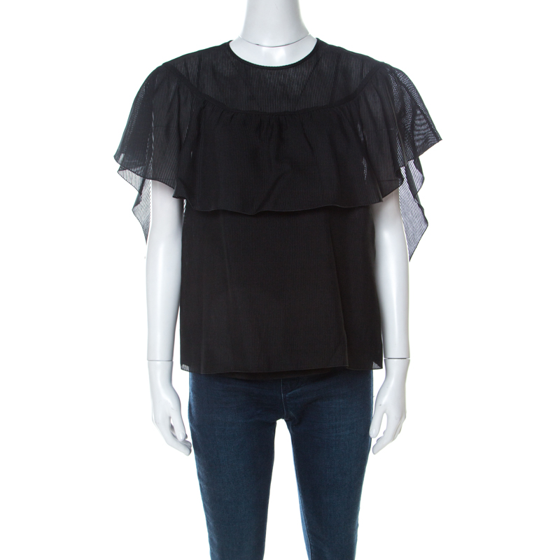 Image of RED Valentino Black Cotton Silk Blend Ruffle Top M