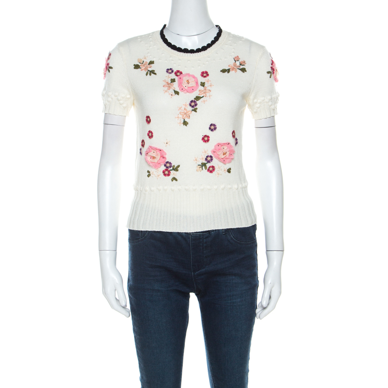 Image of RED Valentino Cream Floral Applique Cotton Knit Top S