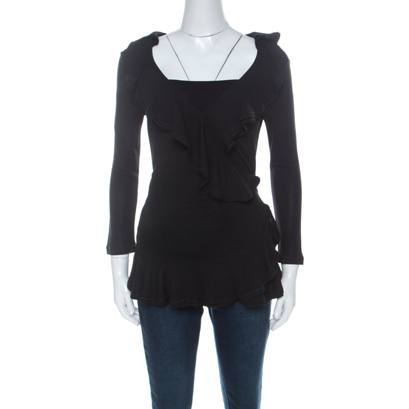Image of RED Valentino Black Ruffle Detail Long Sleeve Wrap Top M