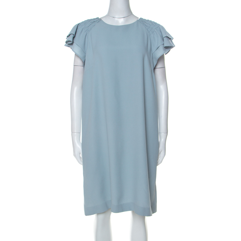 Image of Red Valentino Pale Blue Crepe Ruffled Sleeve Shift Dress L