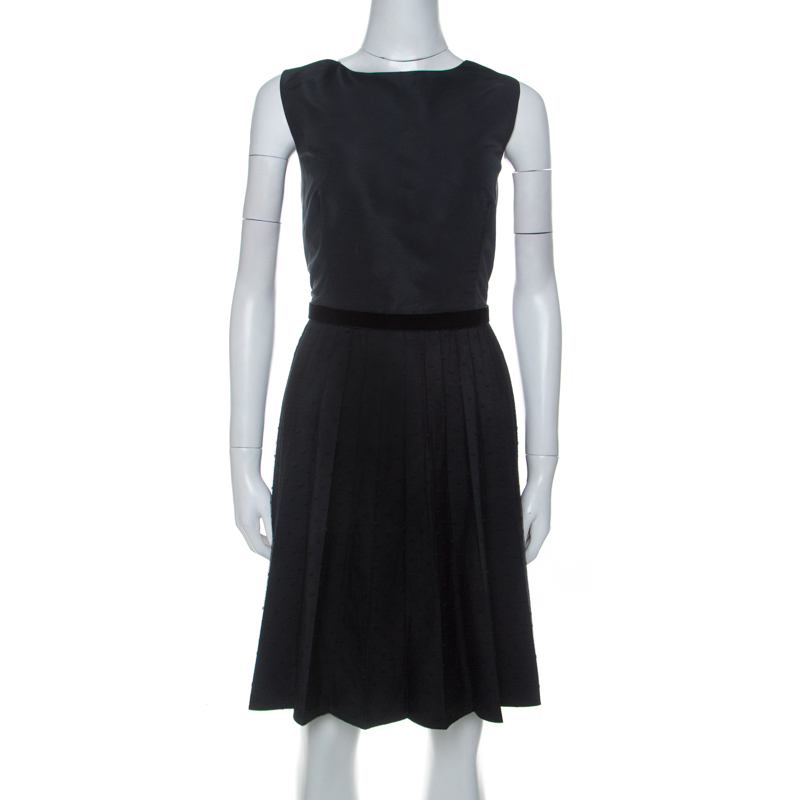 Image of RED Valentino Black Pleated Lace Skirt Detail Sleeveless Dress L