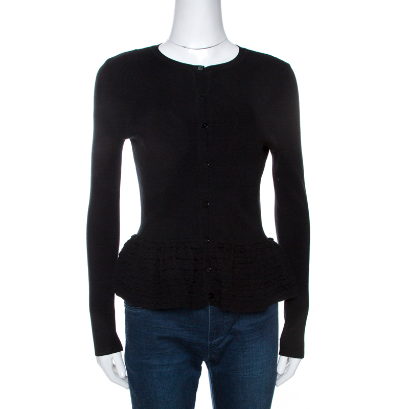 Image of Red Valentino Black Knit Ruffled Peplum Cardigan S