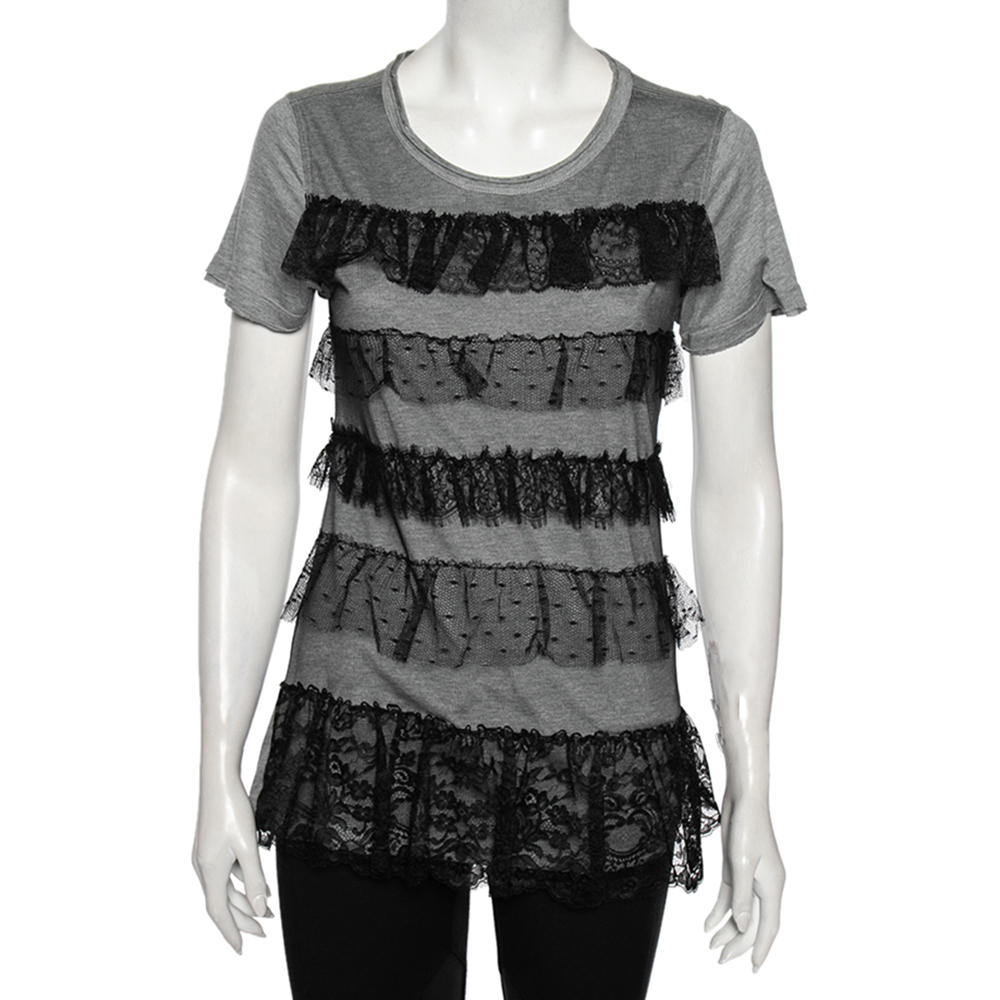 Red Valentino Grey Ruffled Lace And Jersey Short Sleeve T Shirt M