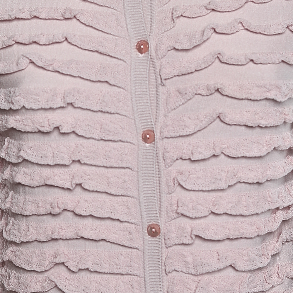 RED Valentino Pink Knit Ruffle Trimmed Button Front Fitted Cardigan L