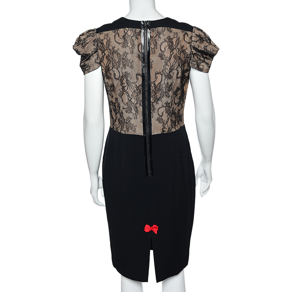 RED Valentino Black Lace & Crepe Paneled Midi Dress L