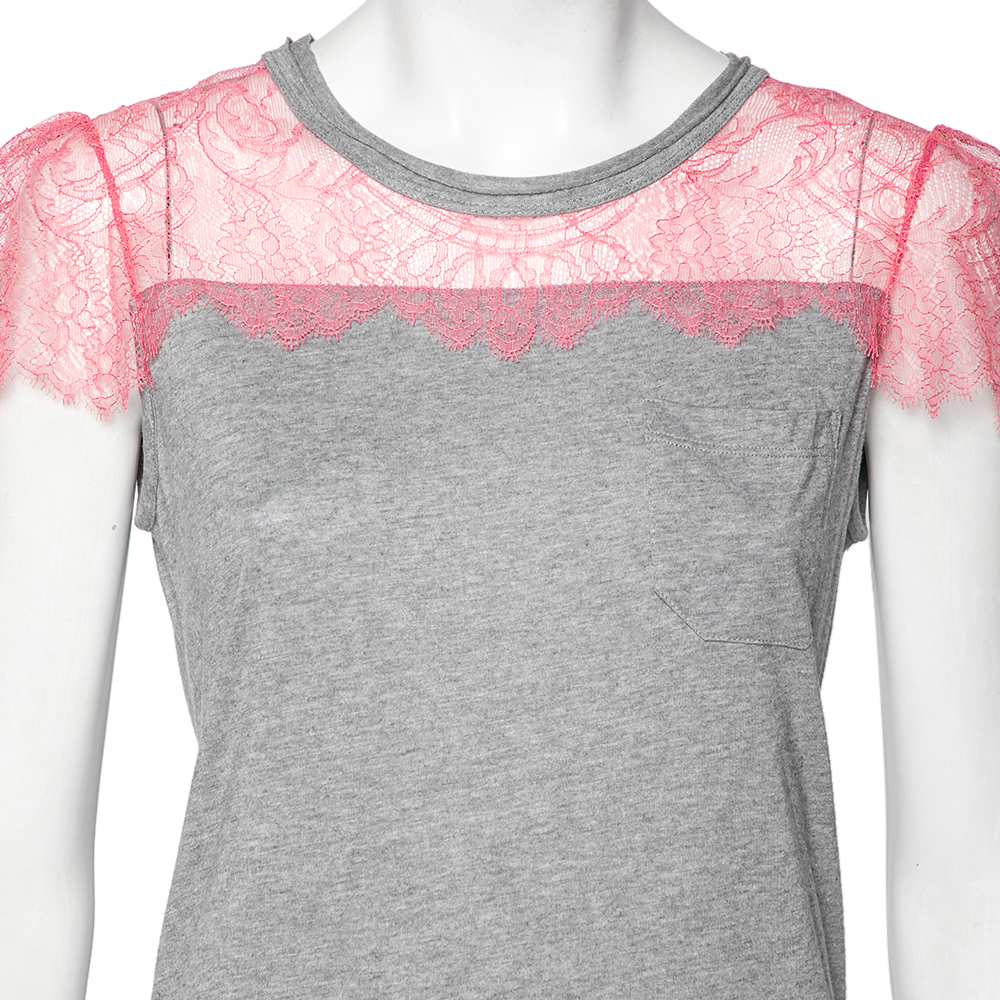 RED Valentino Grey Cotton & Lace Trimmed Pocket Detailed Top M