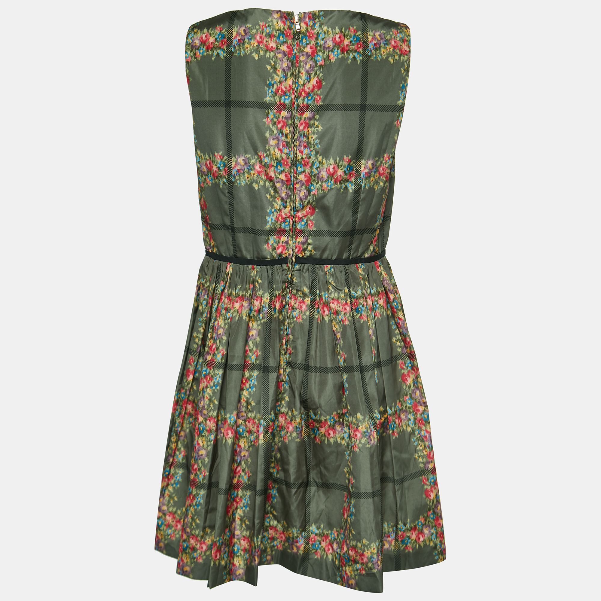 

RED Valentino Green Floral Print Synthetic Sleeveless Gathered Short Dress