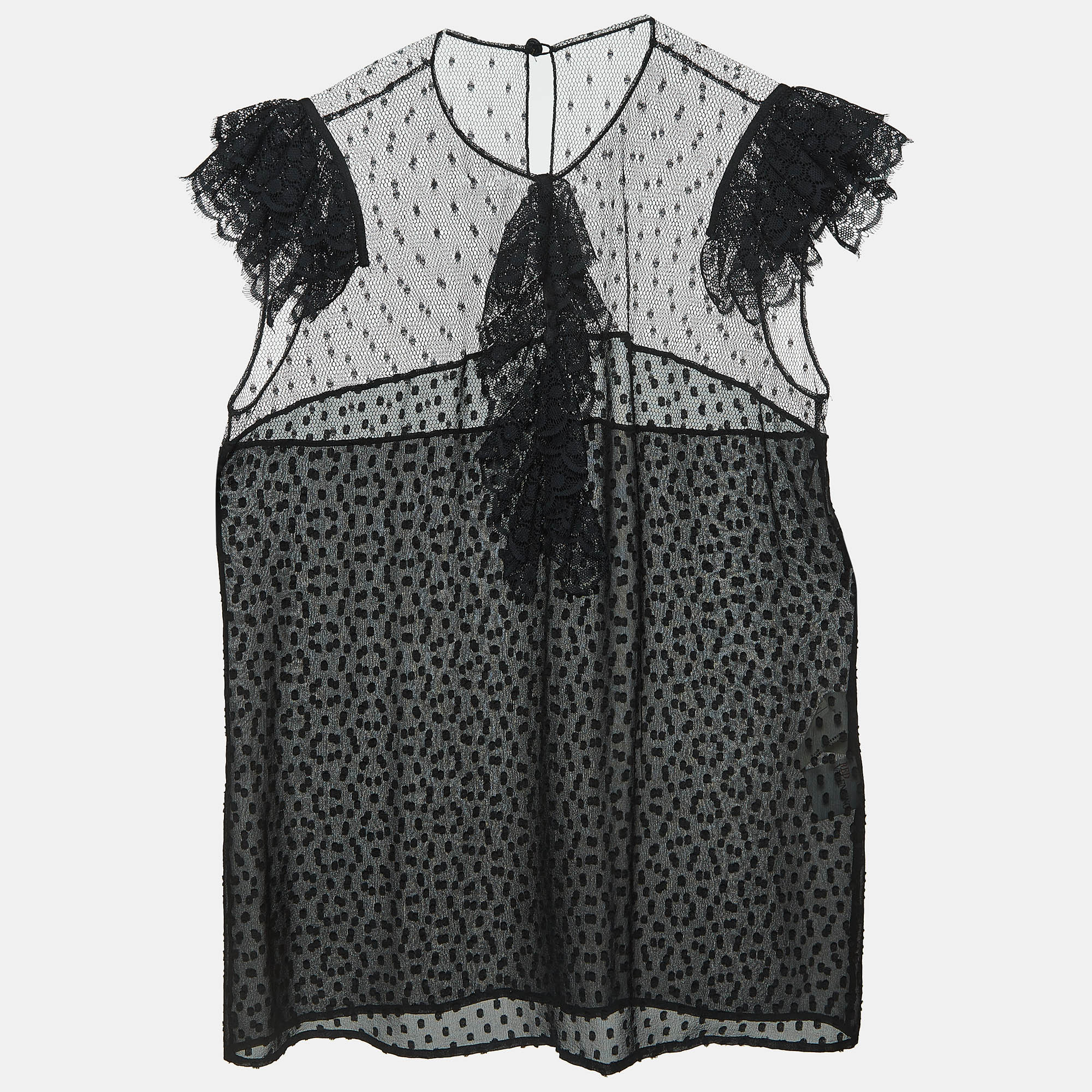 RED Valentino Black Dotted Chiffon Lace Trimmed Top M