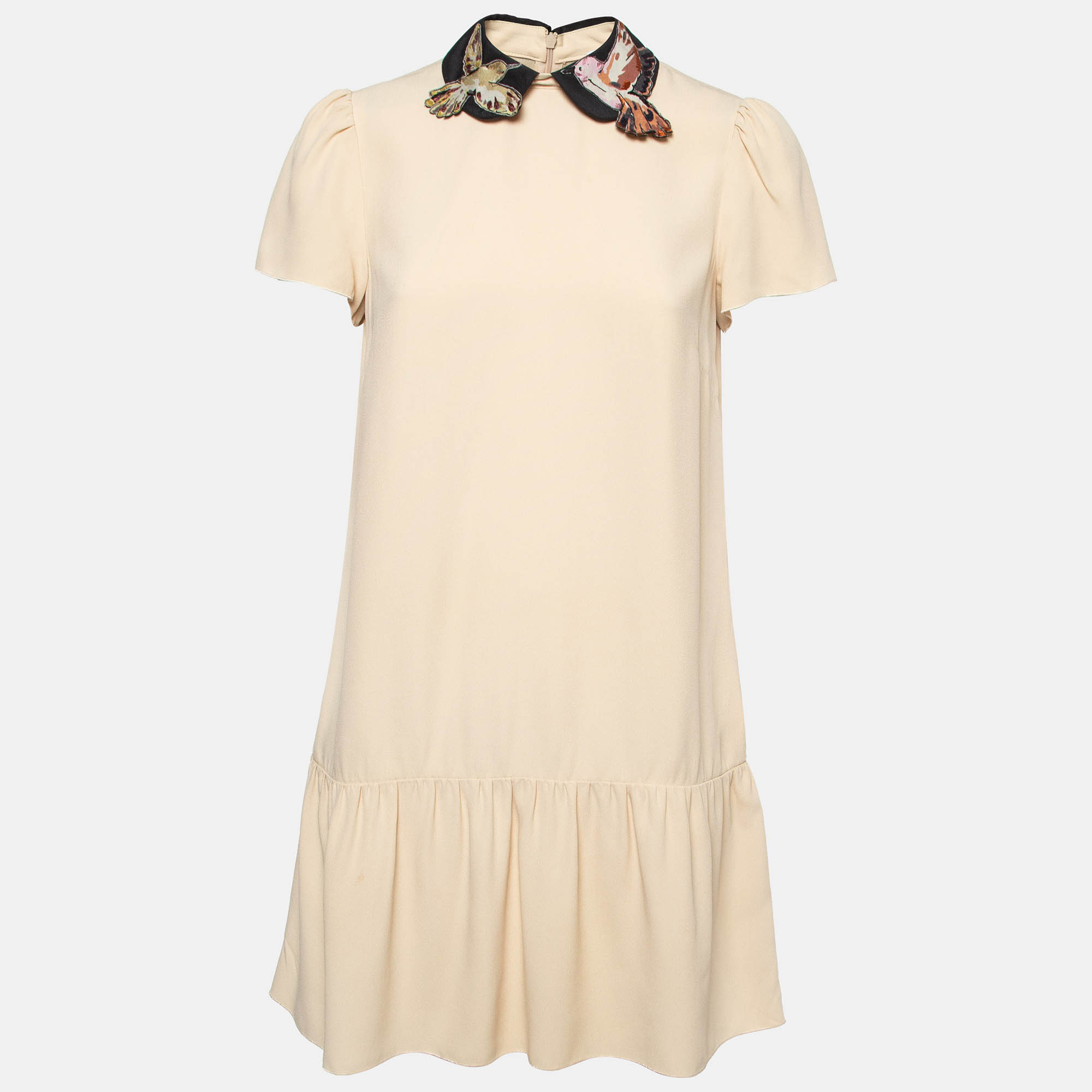 Red valentino beige embroidered peter pan collar sateen flounce mini dress s