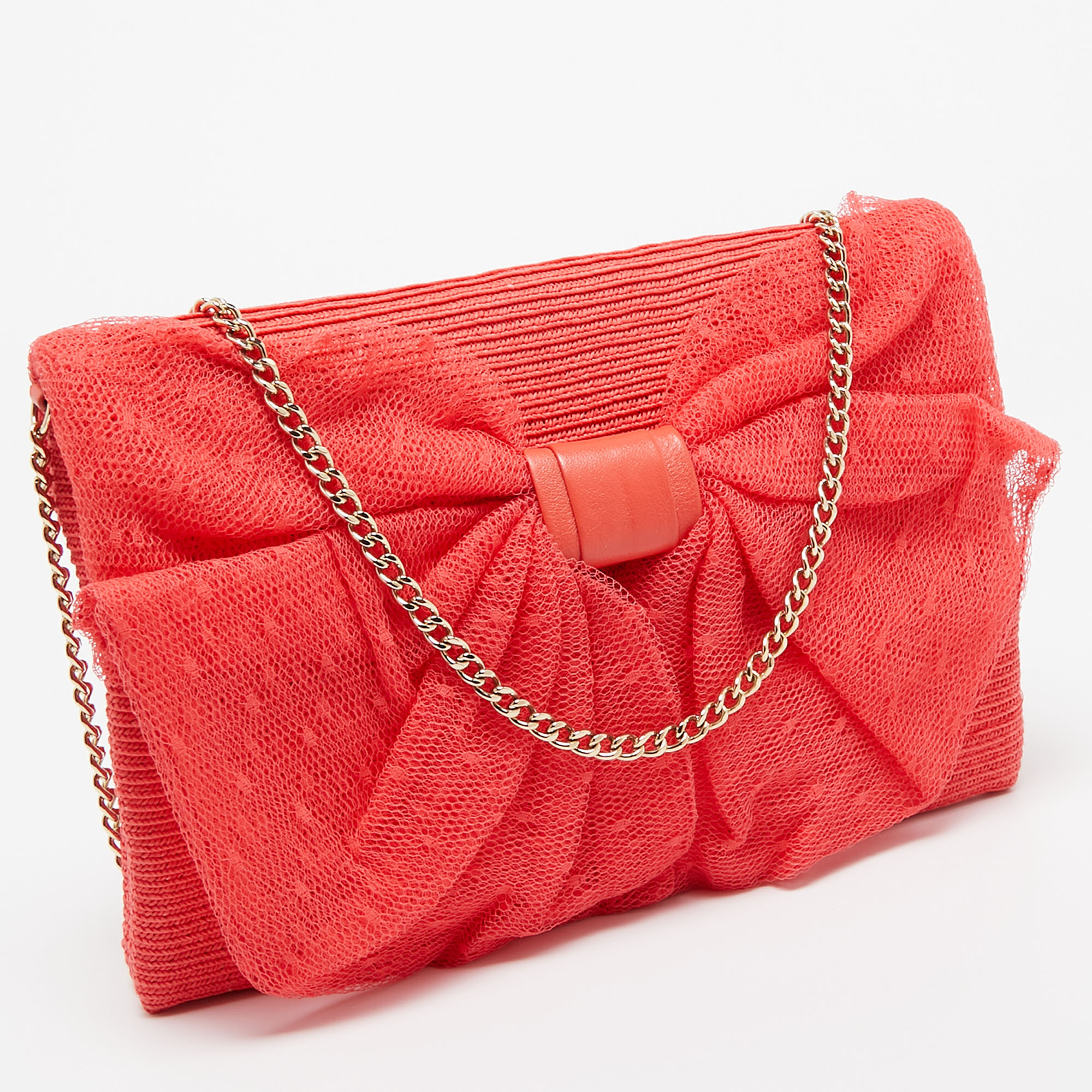 RED Valentino Coral Orange Raffia And Lace Bow Chain Bag