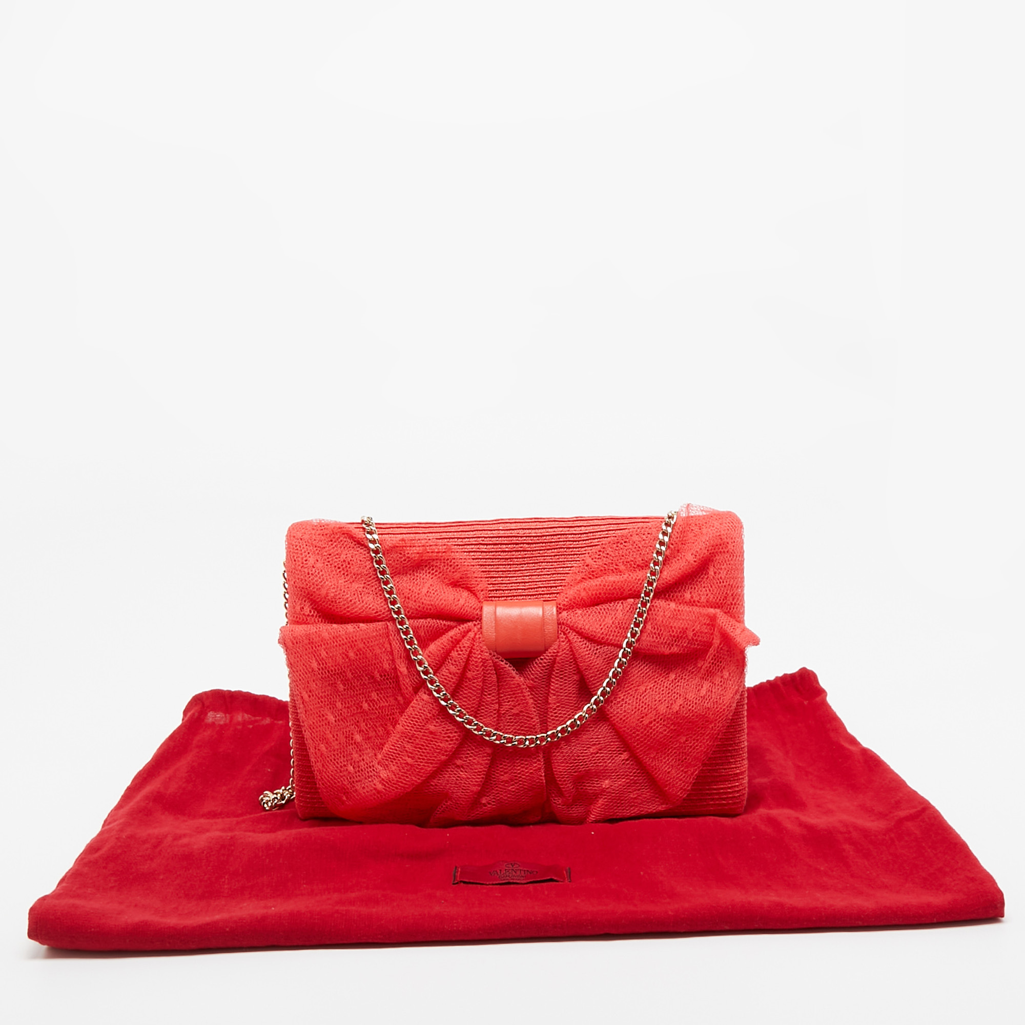 RED Valentino Coral Orange Raffia And Lace Bow Chain Bag