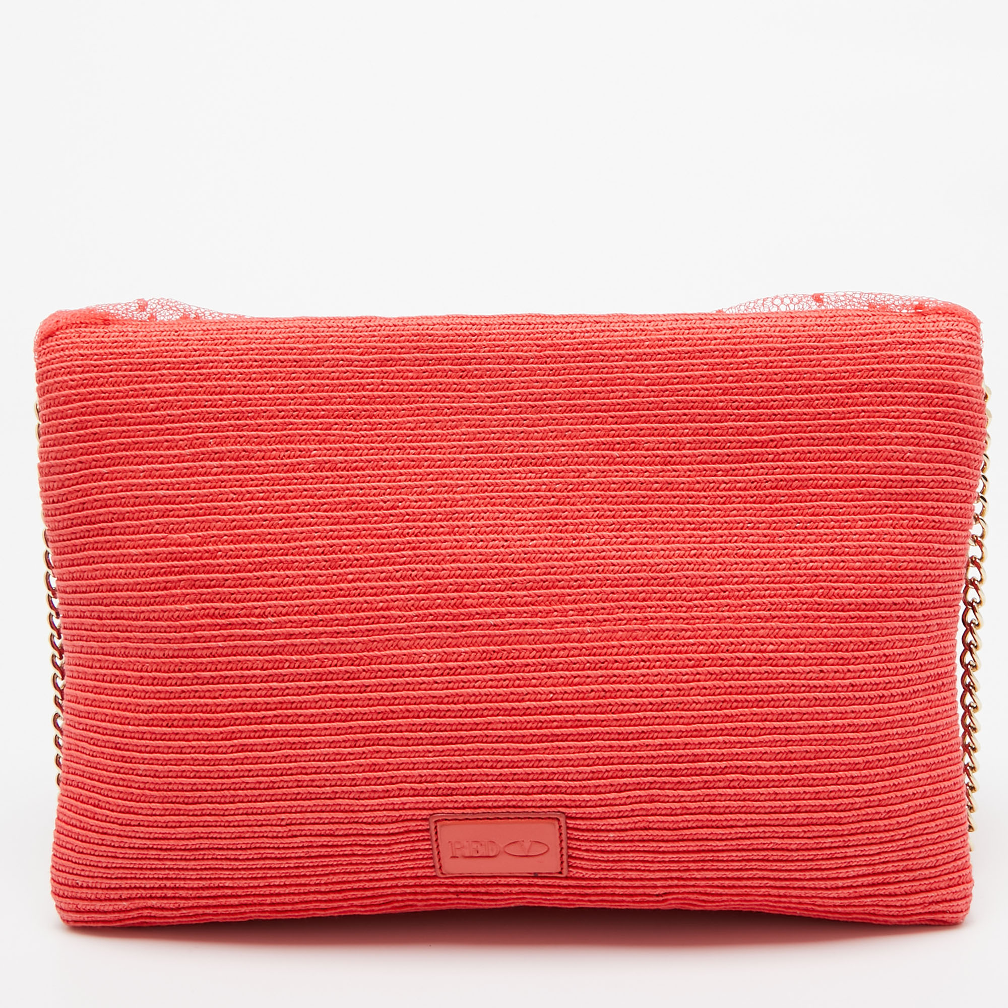 RED Valentino Coral Orange Raffia And Lace Bow Chain Bag