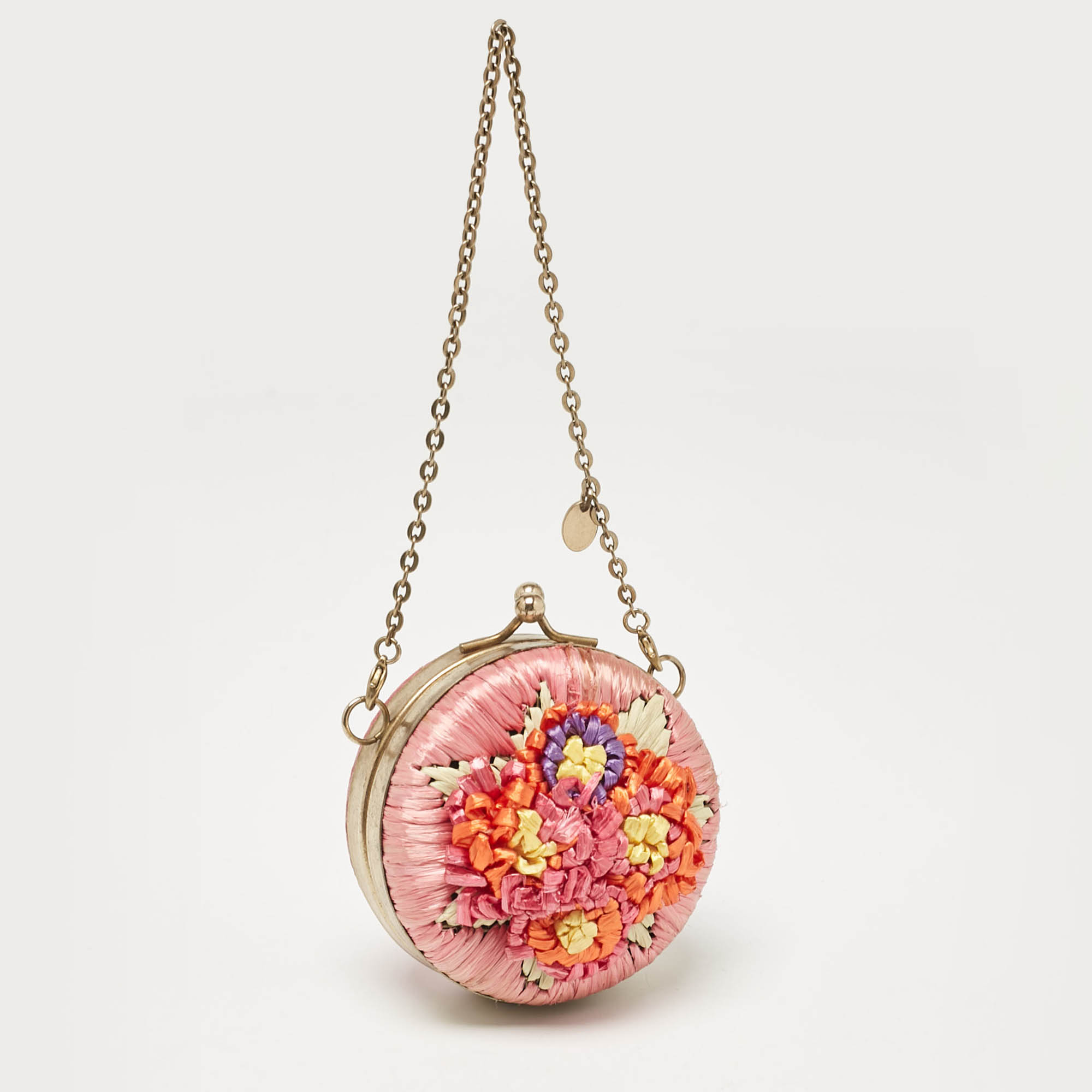 RED Valentino Multicolor Straw And Leather Daisy Round Chain Purse