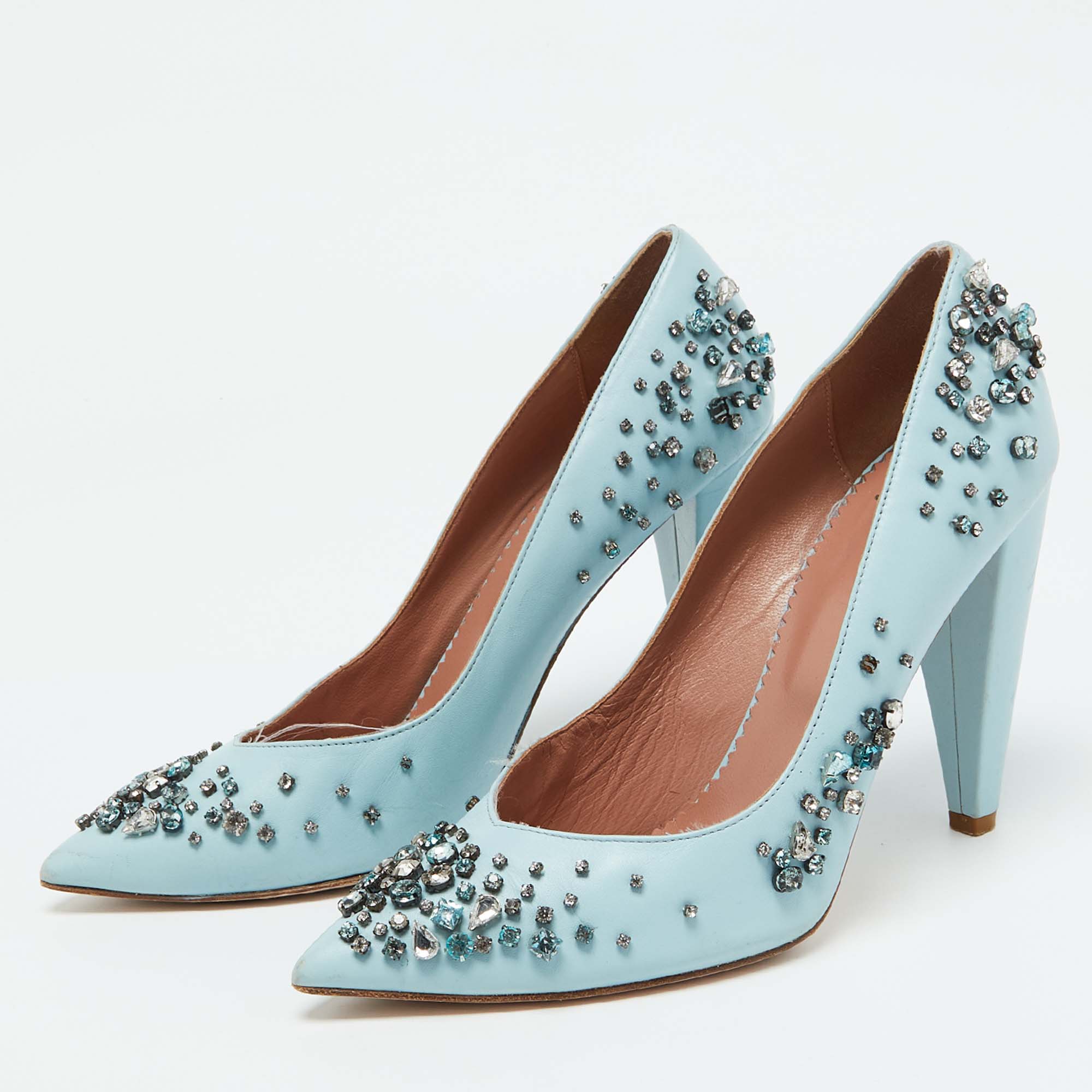 RED Valentino Light Blue Leather Crystal Embellished Pumps Size 39