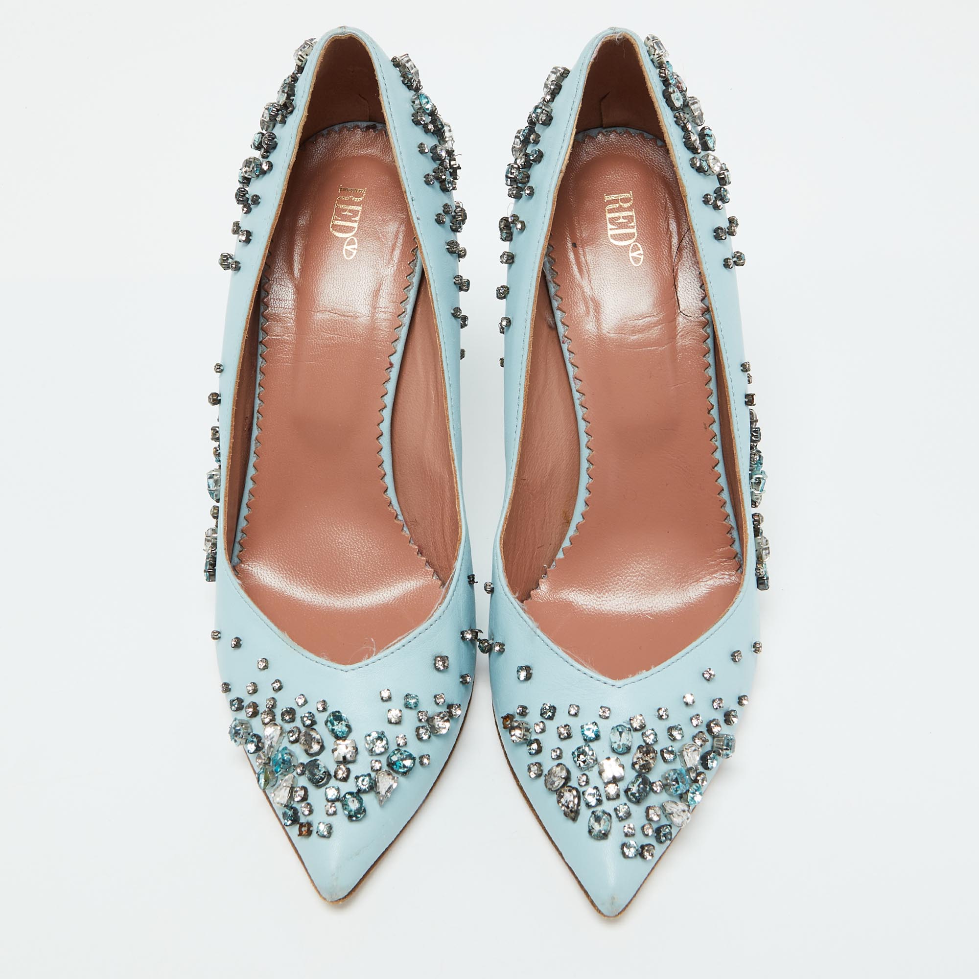 RED Valentino Light Blue Leather Crystal Embellished Pumps Size 39