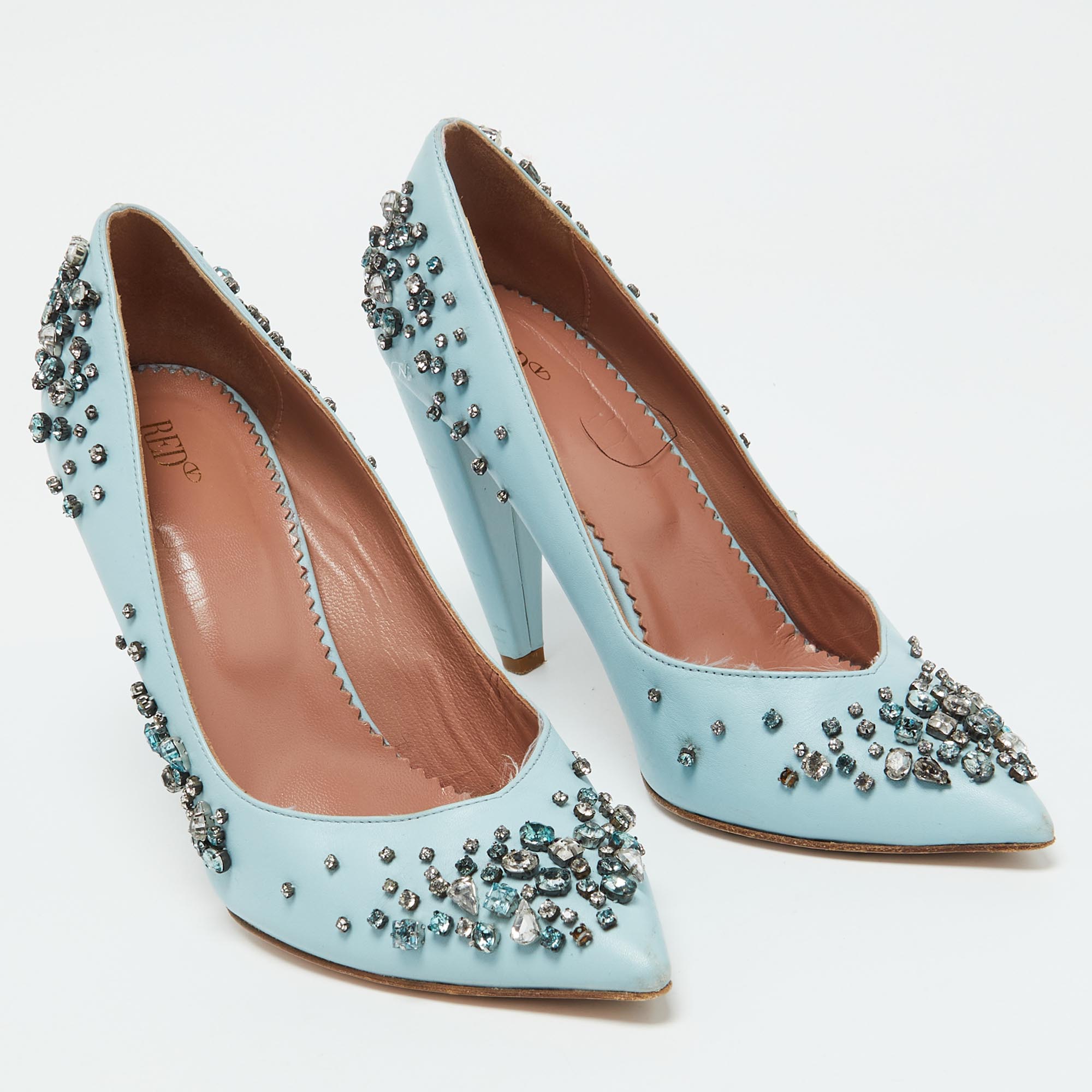 RED Valentino Light Blue Leather Crystal Embellished Pumps Size 39