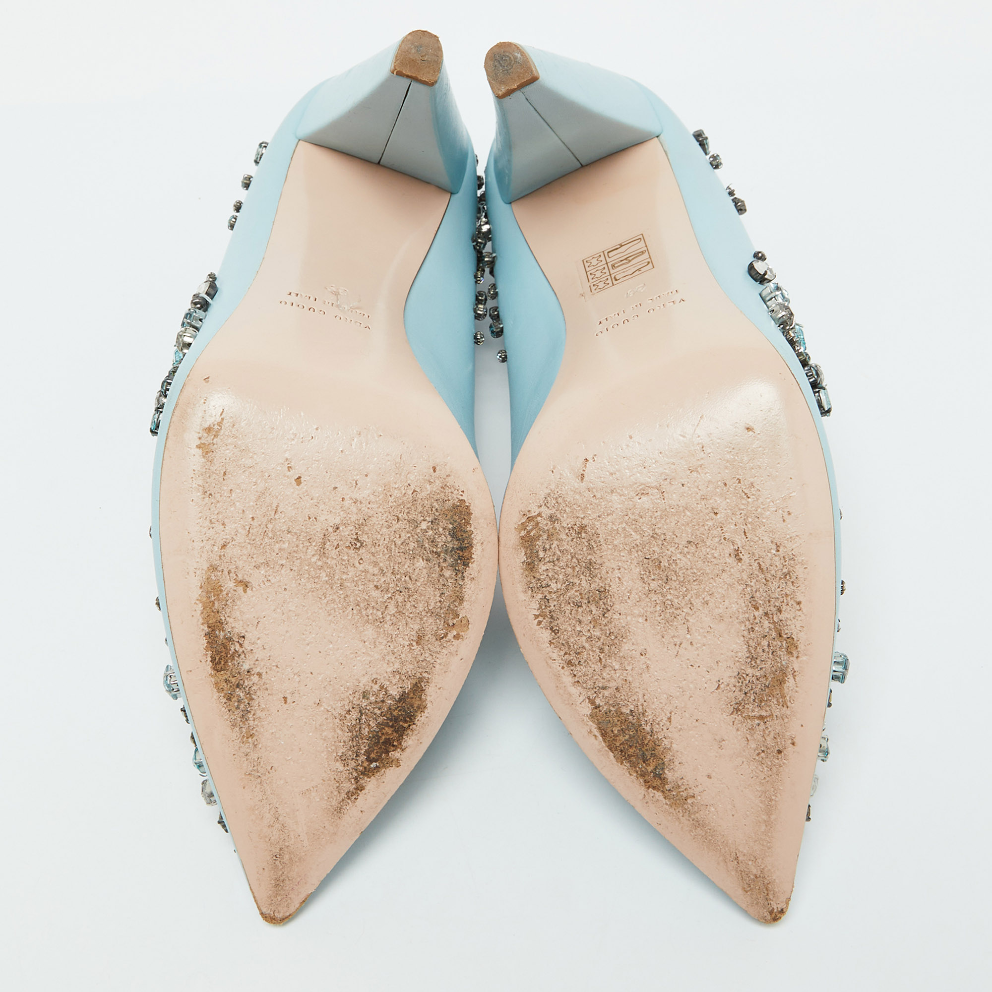 RED Valentino Light Blue Leather Crystal Embellished Pumps Size 39