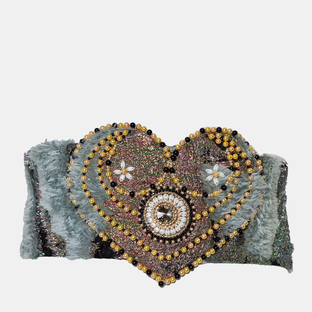 Reem acra multicolor lurex jacquard & faux fur beaded heart detail waist belt m