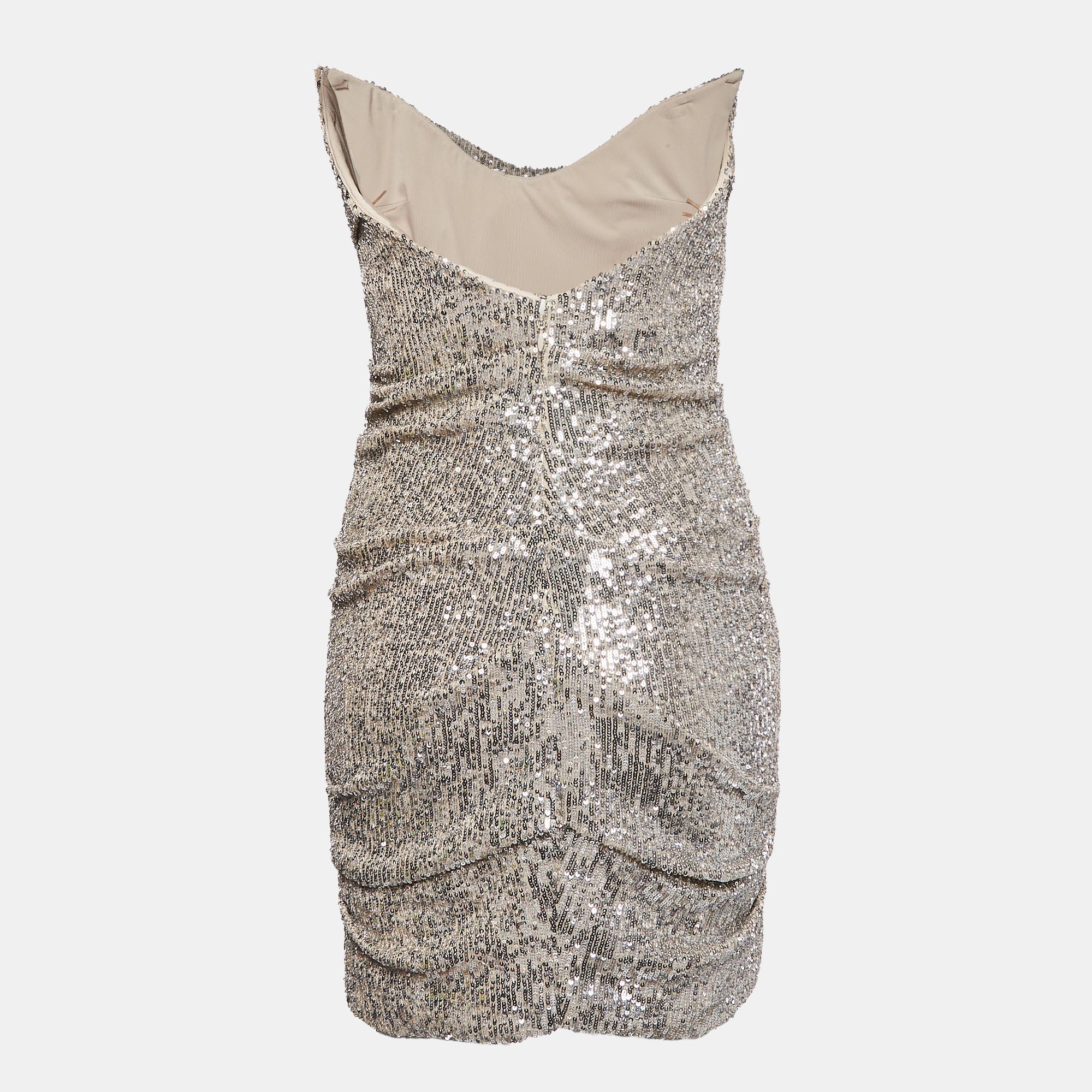 Reem Acra Silver Sequin Ruche Strapless Mini Dress L